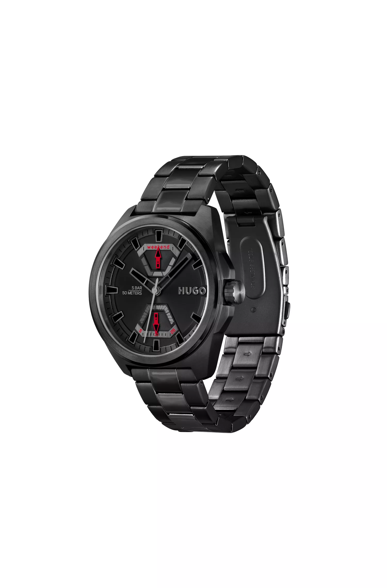 Relógio HUGO Red-Angular com revestimento preto e pulseira de elos.