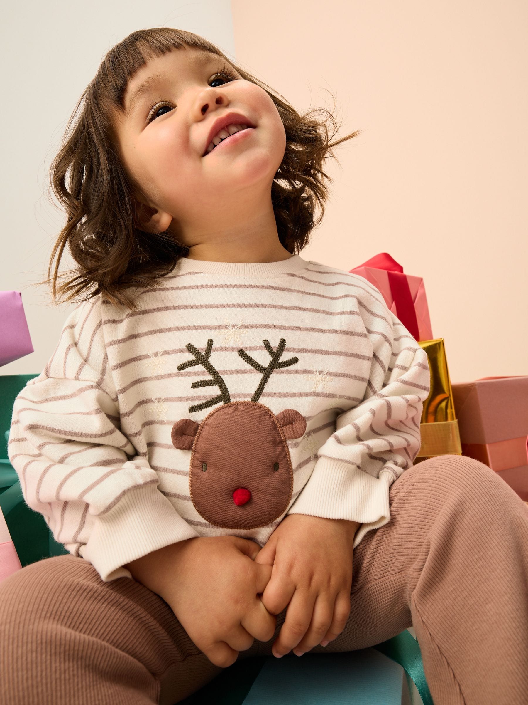 Naturel met rendier - Set met top met lange mouwen en uitlopende broek (3mnd -7jr)