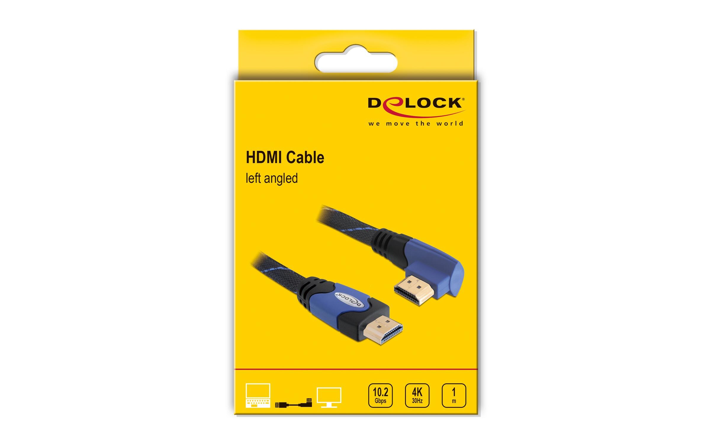 Kabel gewinkelt links HDMI - HDMI, 1 m, BlauDelock Kabel High Speed HDMI mit Ethernet – HDMI A Stecker > HDMI A Stecker gewinkelt 4K 1 m