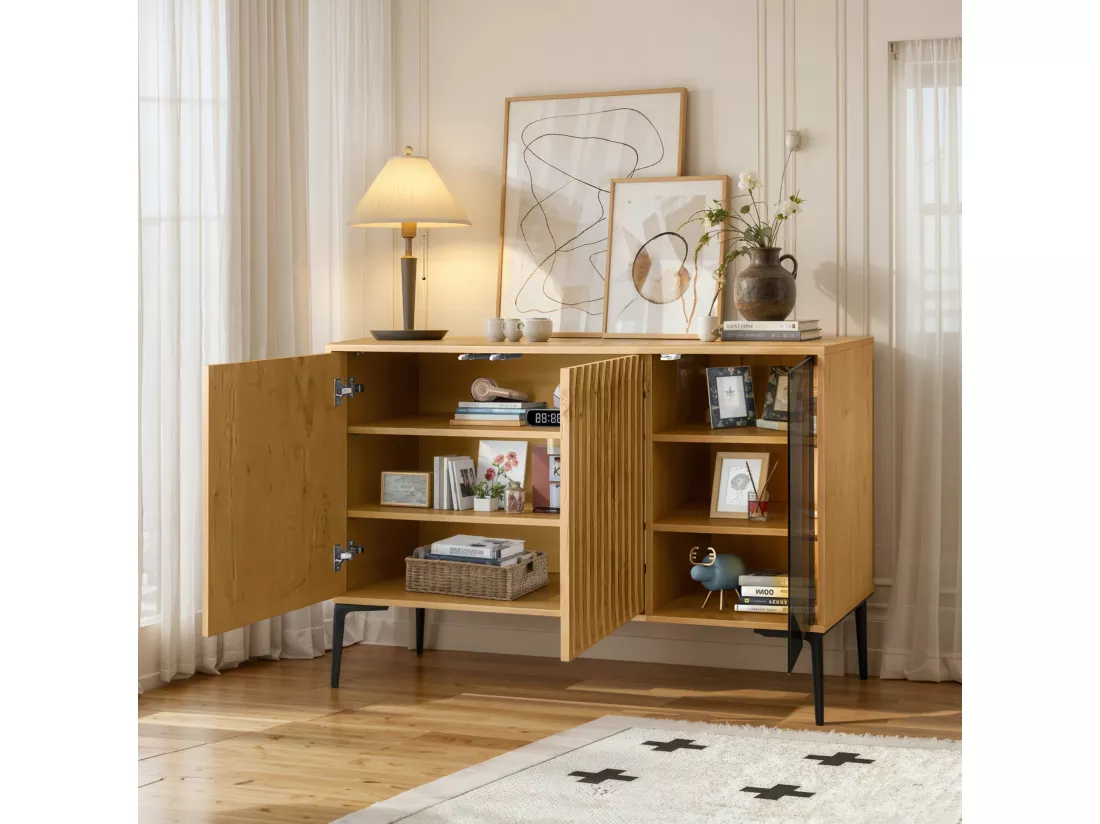 Buffet, meuble de salle de bain avec 3 portes - 120 x 35 x 80 cm - Bois MDF + verre - LEDs - Naturel