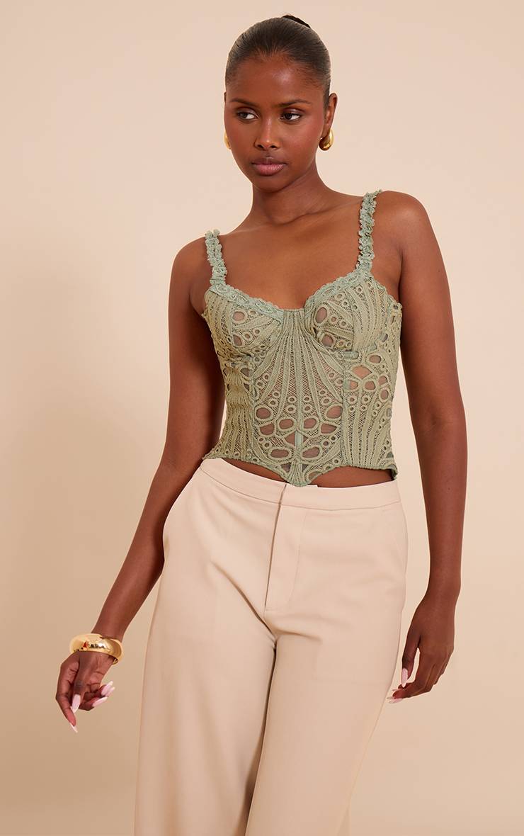 Vert Sauge Corset En Dentelle Florale Transparente Texturée À Bretelles