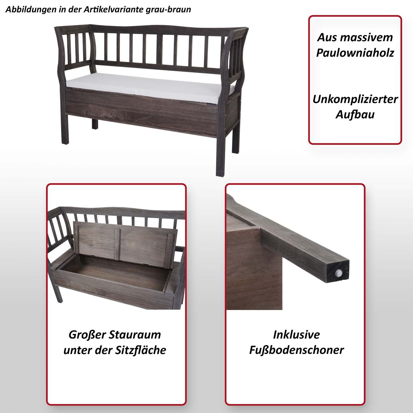 Sitzbank H207, Bank Truhenbank Holzbank Aufbewahrungstruhe, Staufach Kissen Holz 119cm ~ grau-braun, shabby