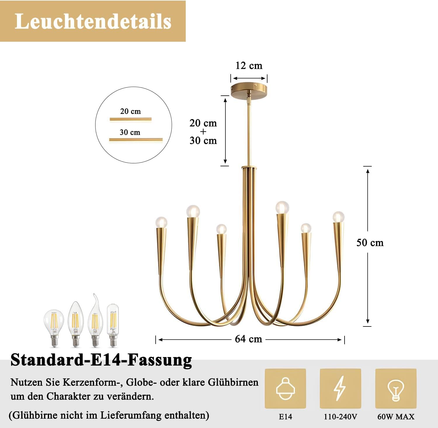 KCO 6-flammig Kronleuchter Gold,Esstisch Pendelleuchte Höhenverstellbar,E14 Fassung