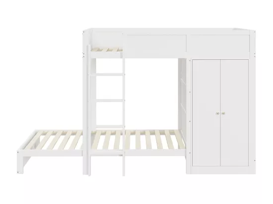 Lit superposé pour enfants 90*200 cm, avec marches de sécurité verticales, armoire, design high fence, blanc