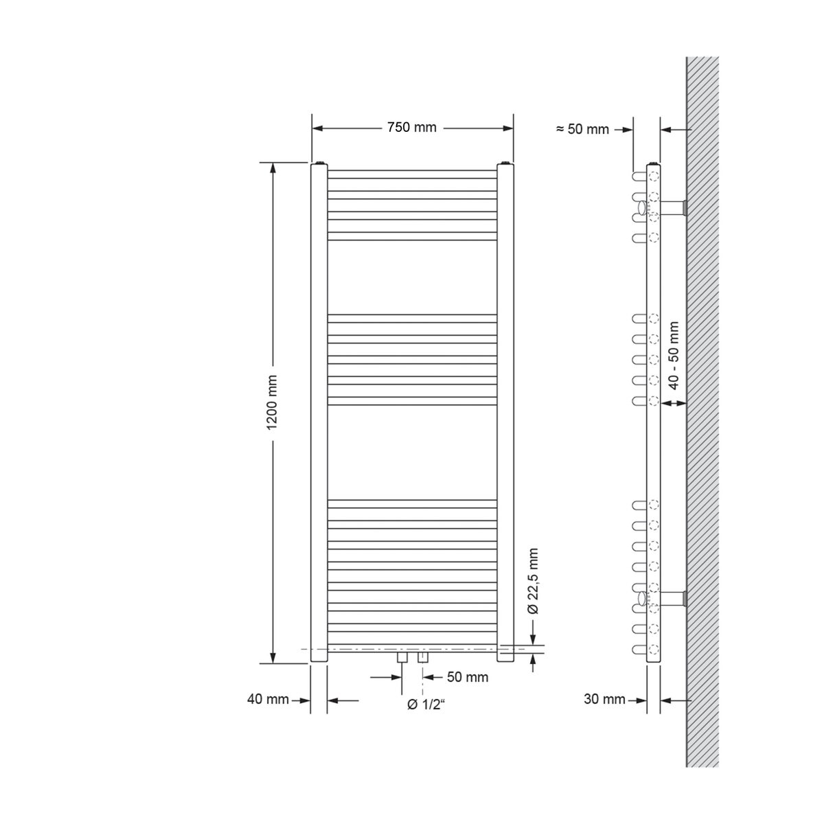 ECD Germany Badkamerradiator 750 x 1200 mm - Wit - Gebogen met middenaansluiting - Designradiator Handdoekverwarmer Handdoekdroger Handdoekradiator Handdoekverwarmer Handdoekverwarmer Badkamerverwarming
