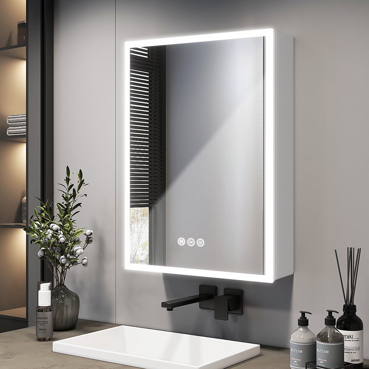 EMKE Badkamerspiegelkast met LED-verlichting, Spiegelkast met fitting, 3 dimbare lichtkleuren, Anti-condens, Wit, 50 x 70 cm