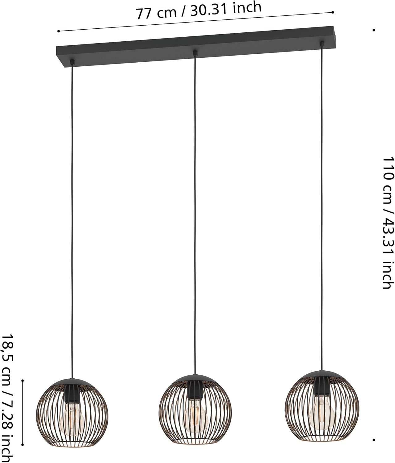 EGLO Hängelampe Almanzora, 3-flammige Pendelleuchte, Esstisch Hängeleuchte aus Metall in Schwarz und Kupfer, Esszimmerlampe hängend, E27 Fassung, 90 cm