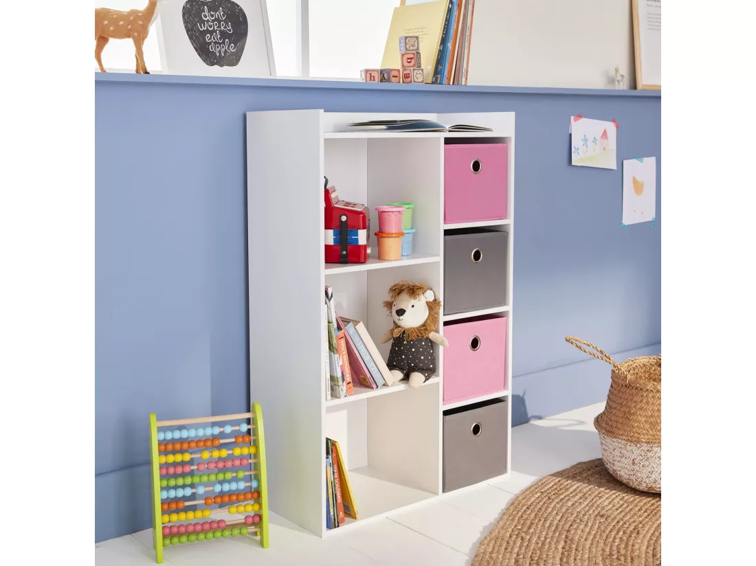 Meuble de rangement pour enfant. blanc - Camille - avec 7 compartiments et 4 paniers gris et roses
