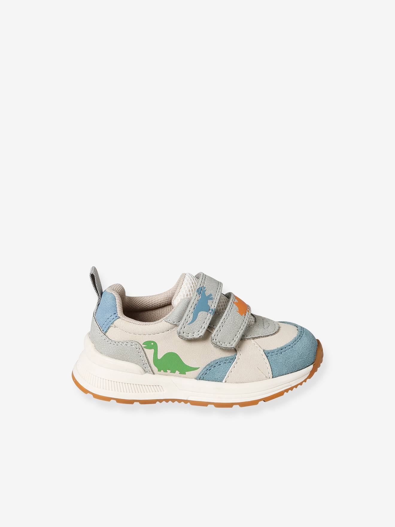 Tênis infantil com fecho de velcro, estampa de dinossauro, branco