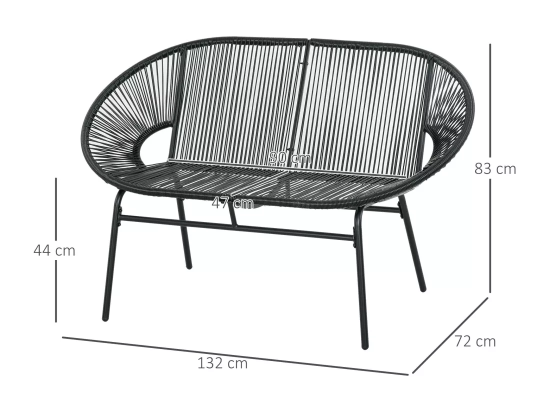 Banc de jardin 2 places design Acapulco 2 coussins métal résine filaire noir