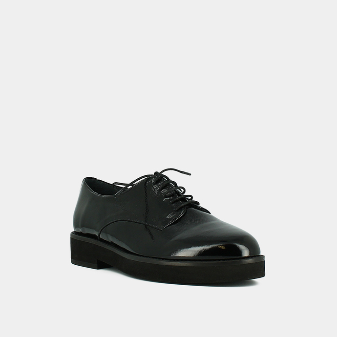 Derbies à talons plats, bouts ronds et c...  en vernis plissé noir