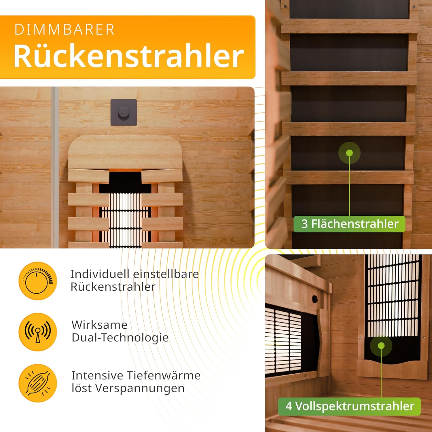 Artsauna Infrarotkabine Kiruna90 Premium mit Vollspektrum- & Flächenstrahler, 1 Person, 90x90x190 cm, LED Farblicht & Glastür, Infrarotsauna Sauna - Rückenstrahler dimmbar