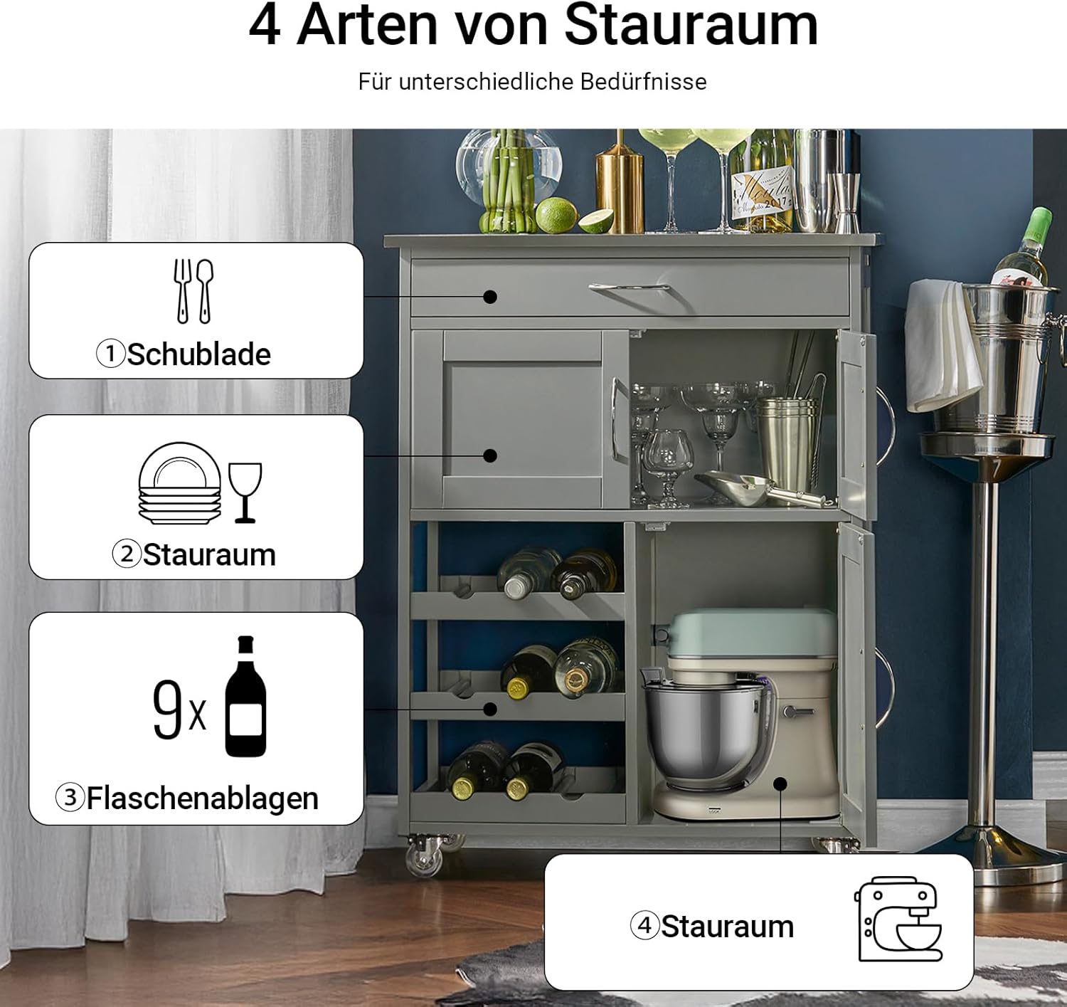 SoBuy Servierwagen mit Rollen Küchenwagen mit Arbeitsplatte Rollwagen mit Schubladen, Weinregal Kücheninsel Küchenregal stehend Möbel für Küche, Esszimmer & Outdoor Hellgrau 67x86x38cm FKW45-HG