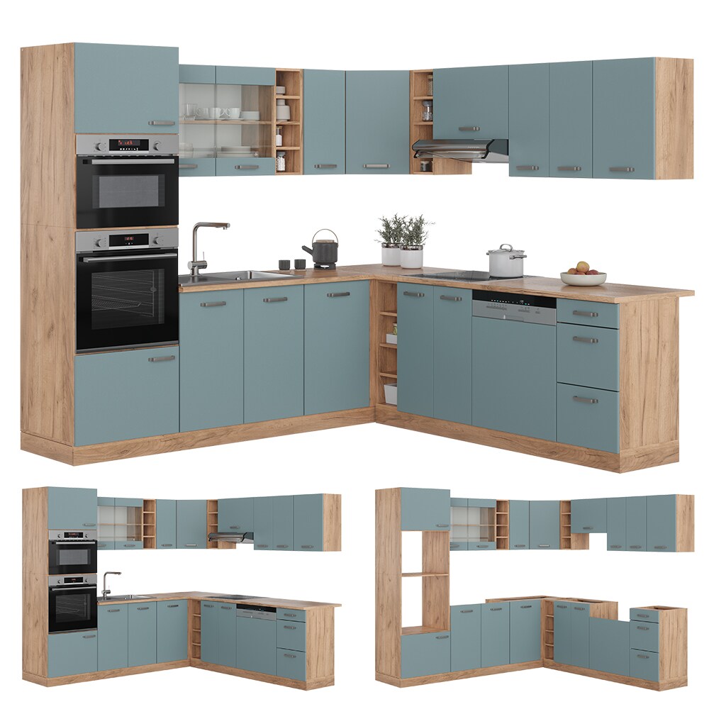 Vicco Eckküche R-Line Solid Eiche Blau Grau 247x237 cm modern Küchenschränke Küchenmöbel
