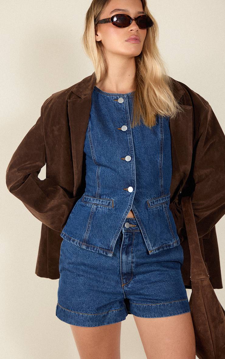 Bleu Foncé Gilet Long En Jean À Col Rond