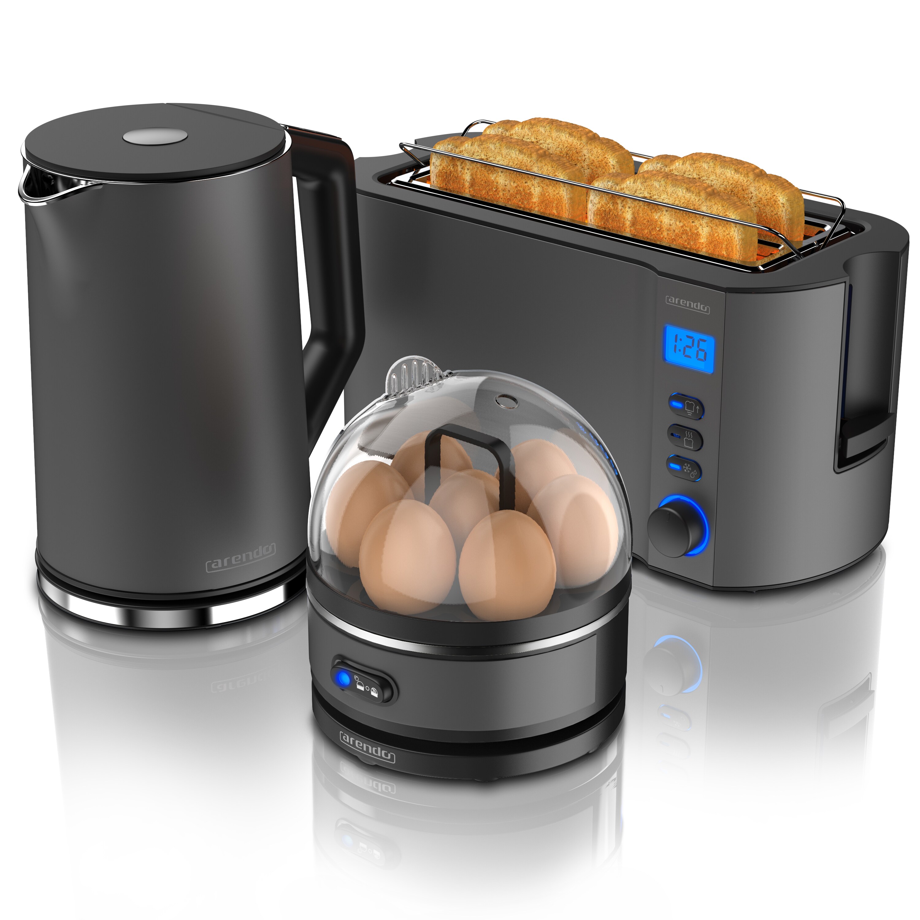 Arendo - SET Toaster MANHA mit Eierkocher SEVENCOOK Edelstahl Grau, Toaster 4 Scheiben, LED-Display, 6 Bräunungsgrade, Brötchenhalter - Eierkocher 1-7