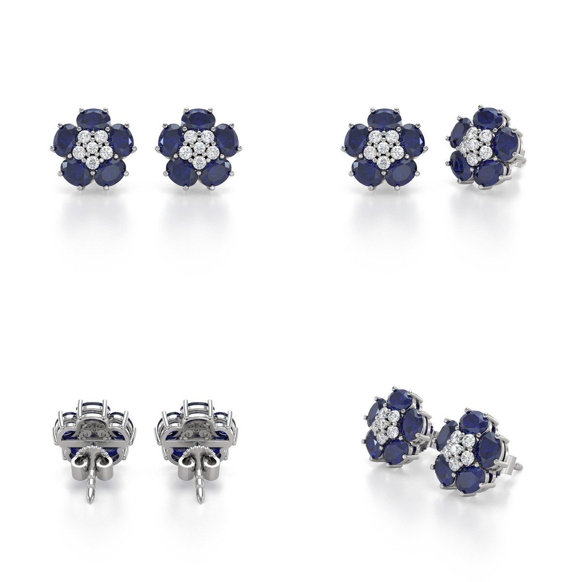 Boucles d'oreilles ADEN Or 585 Blanc et Saphir Fleur 2.86grs
