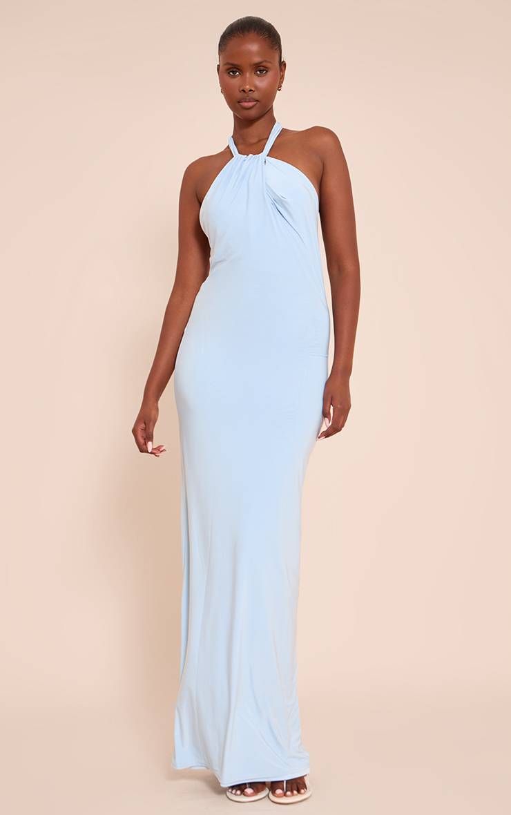 Bleu Robe Longue Dos Nu À Double Couche En Tissu Slinky