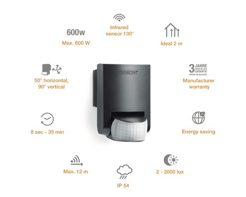 Steinel IS 130-2 130° infrarood bewegingsmelder IP54 binnen + buiten 12 m bereik zwart