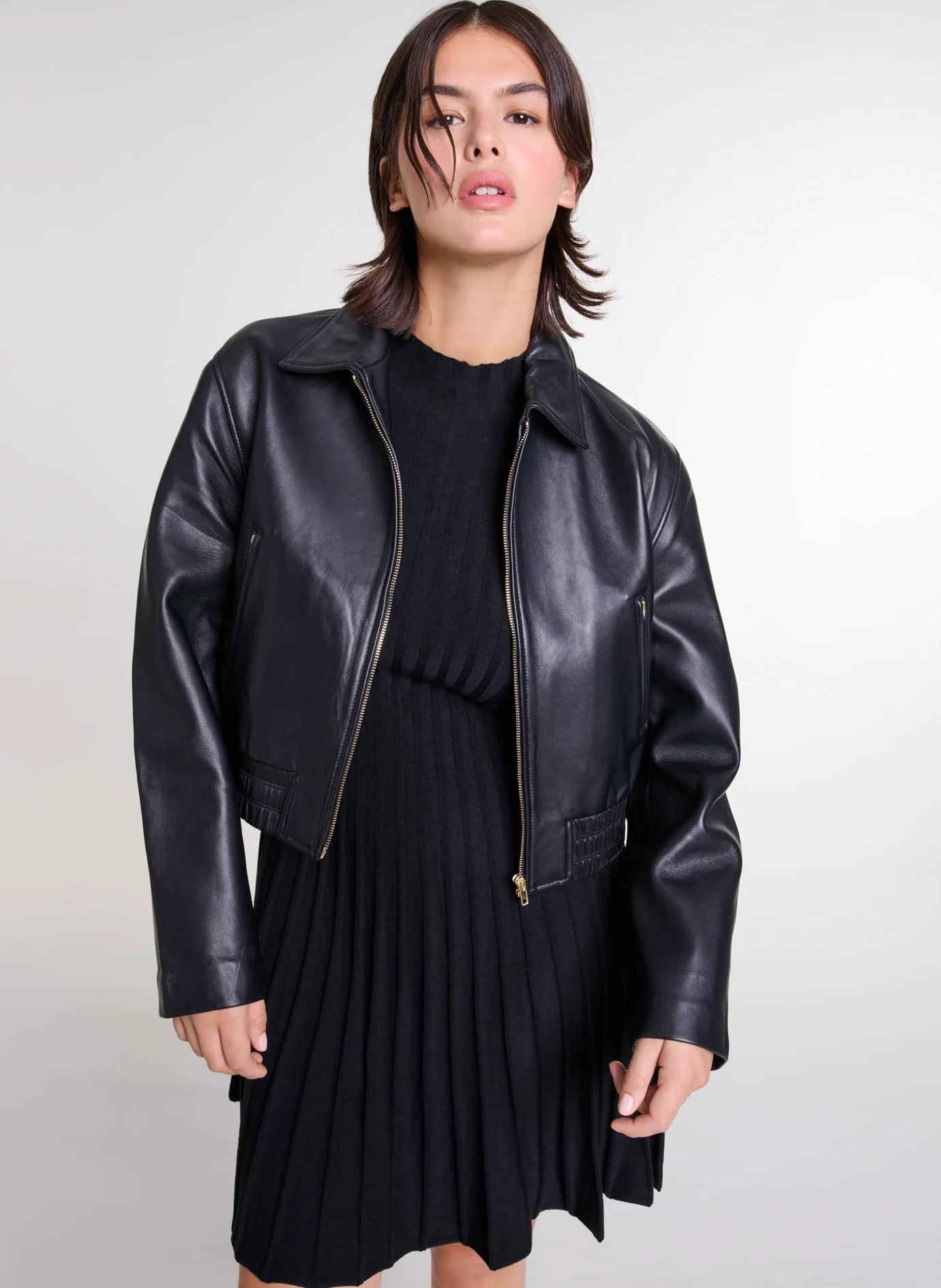 Veste col classique en cuir | Noir