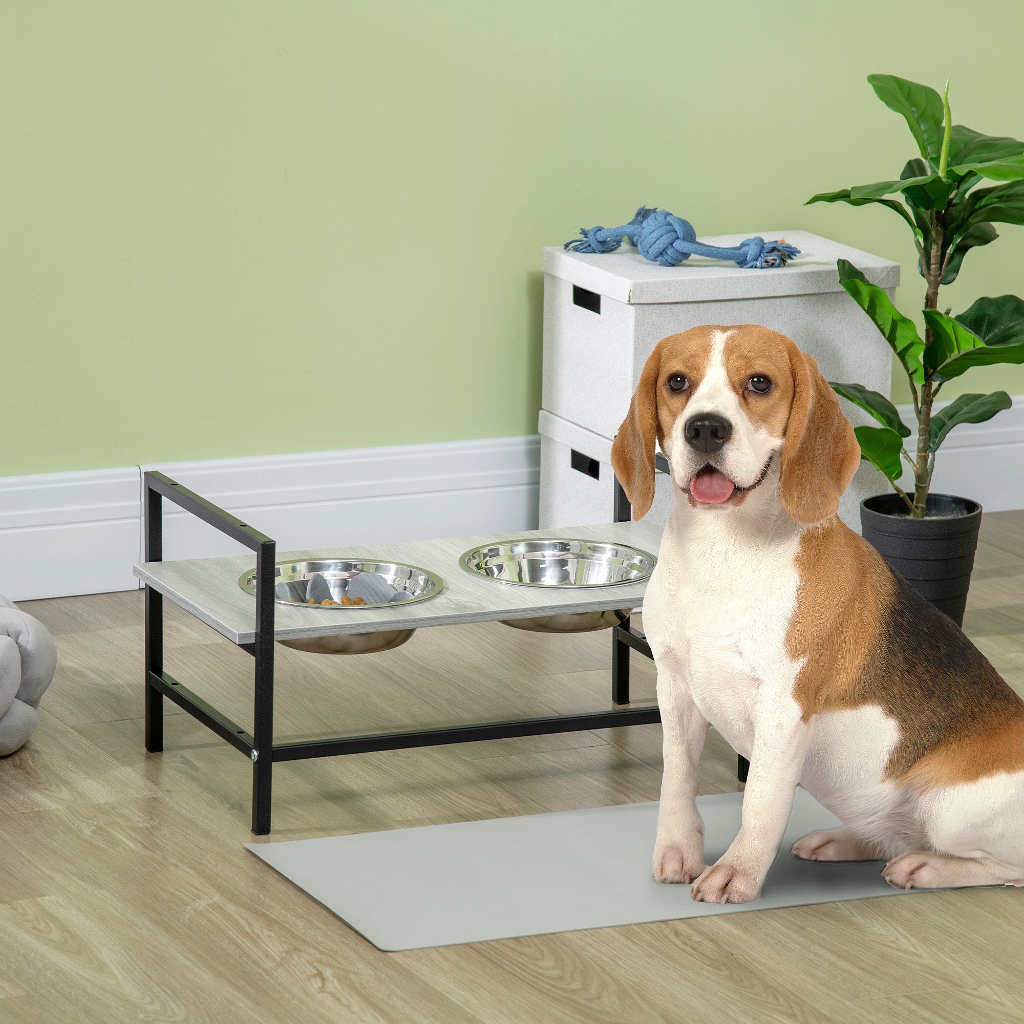 Comedouro elevado para cães PawHut, altura ajustável, com 2 tigelas de aço inoxidável (1100 ml cada), tapete e comedouro lento, 60 x 33 x 10-31,5 cm, cinza.
