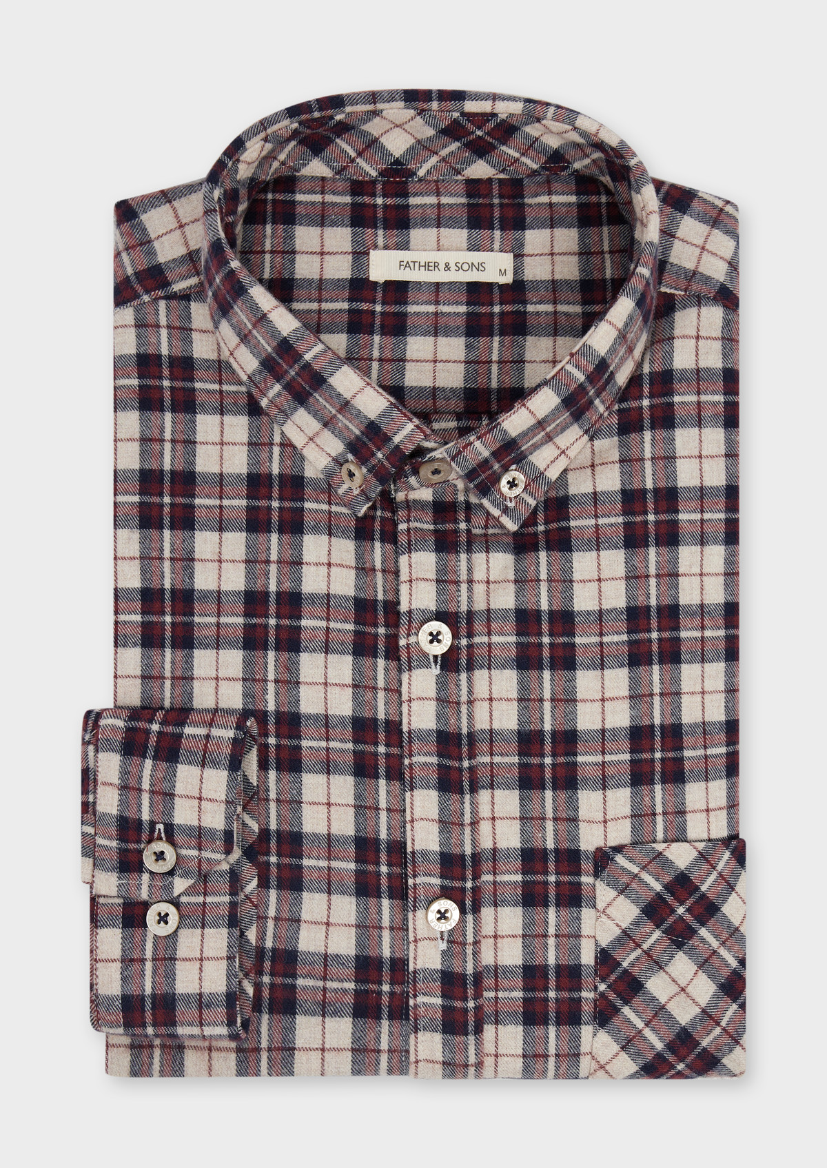 Chemise sport Slim en popeline de coton mélangé beige à carreaux rouge et bleu marine