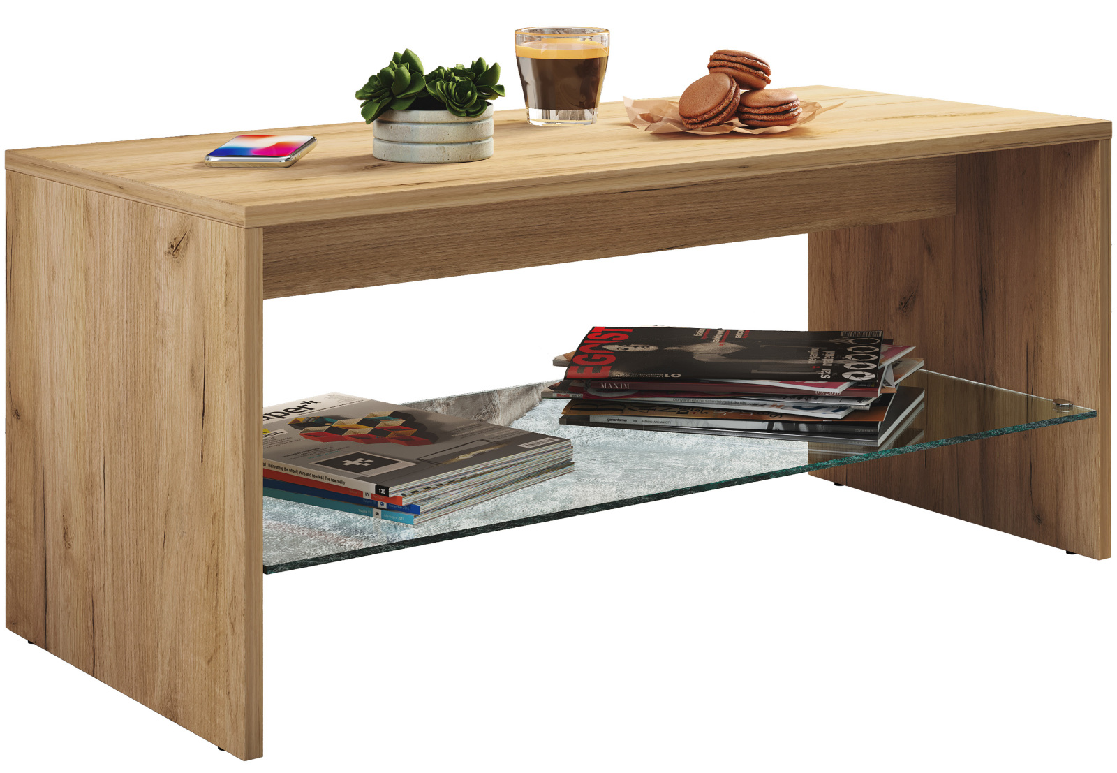 Couchtisch WISAL - Honig Eiche - Glasablage - 90 cm