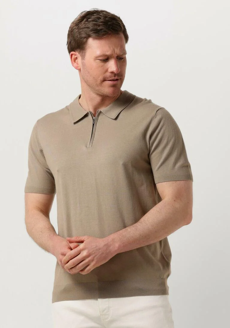 PURE PATH taupe pure path polo knitted shotsleeve polo half zip with chest embroidery
