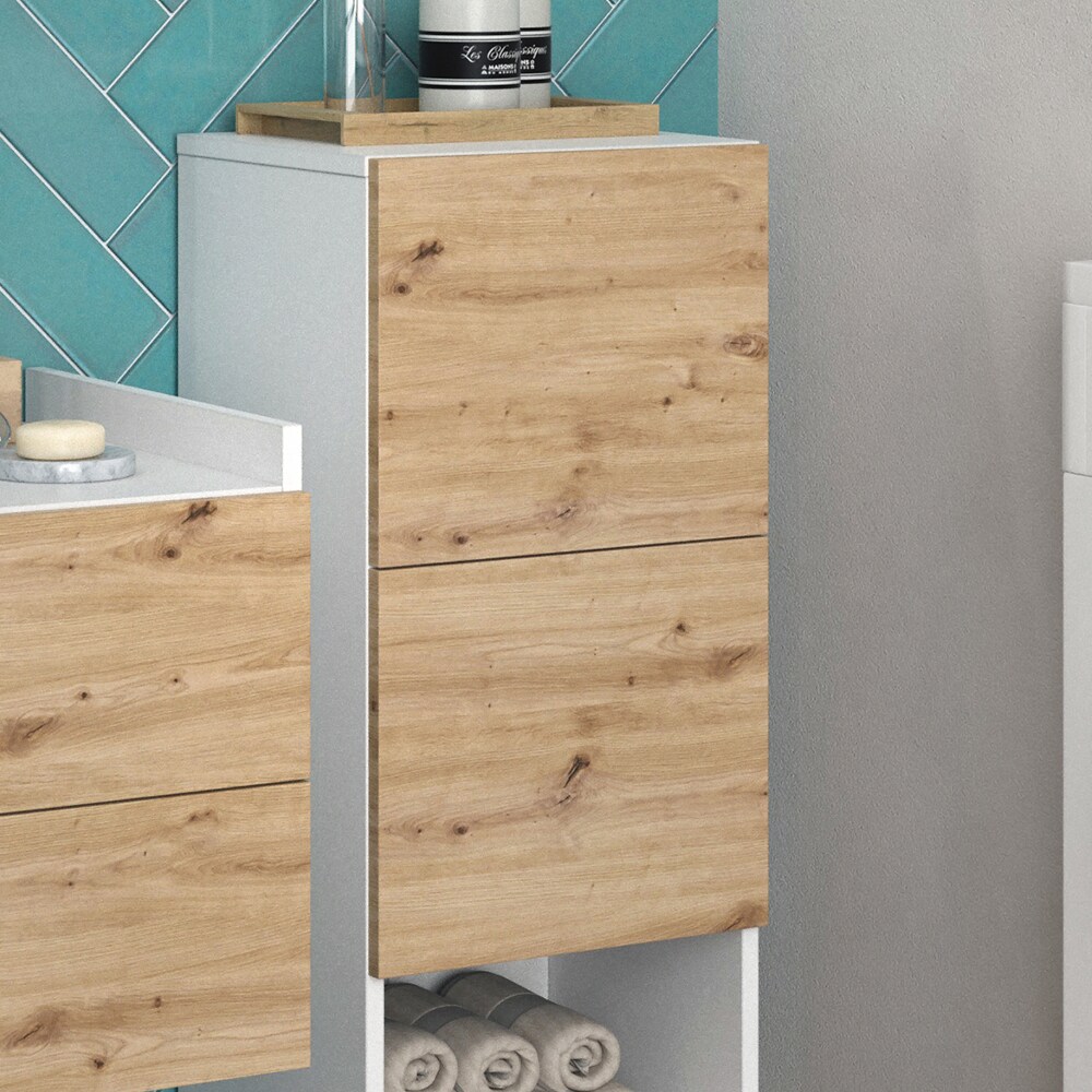 Vicco Midischrank Alf 35 x 92 cm, Weiß Artisan Eiche, Badezimmer, 2 Schubladen