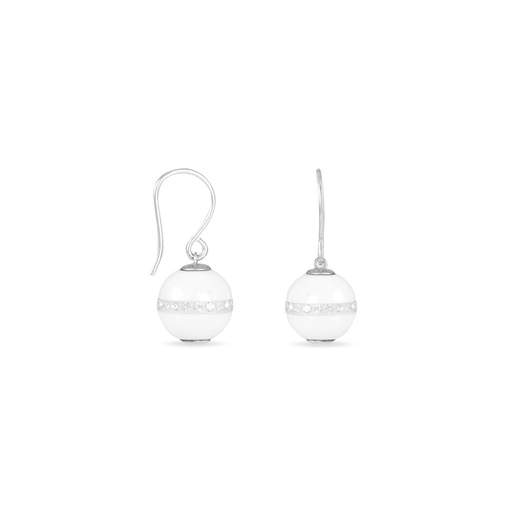 Boucles D'oreilles Pendantes Rose-blanche Argent Strass Et Céramique