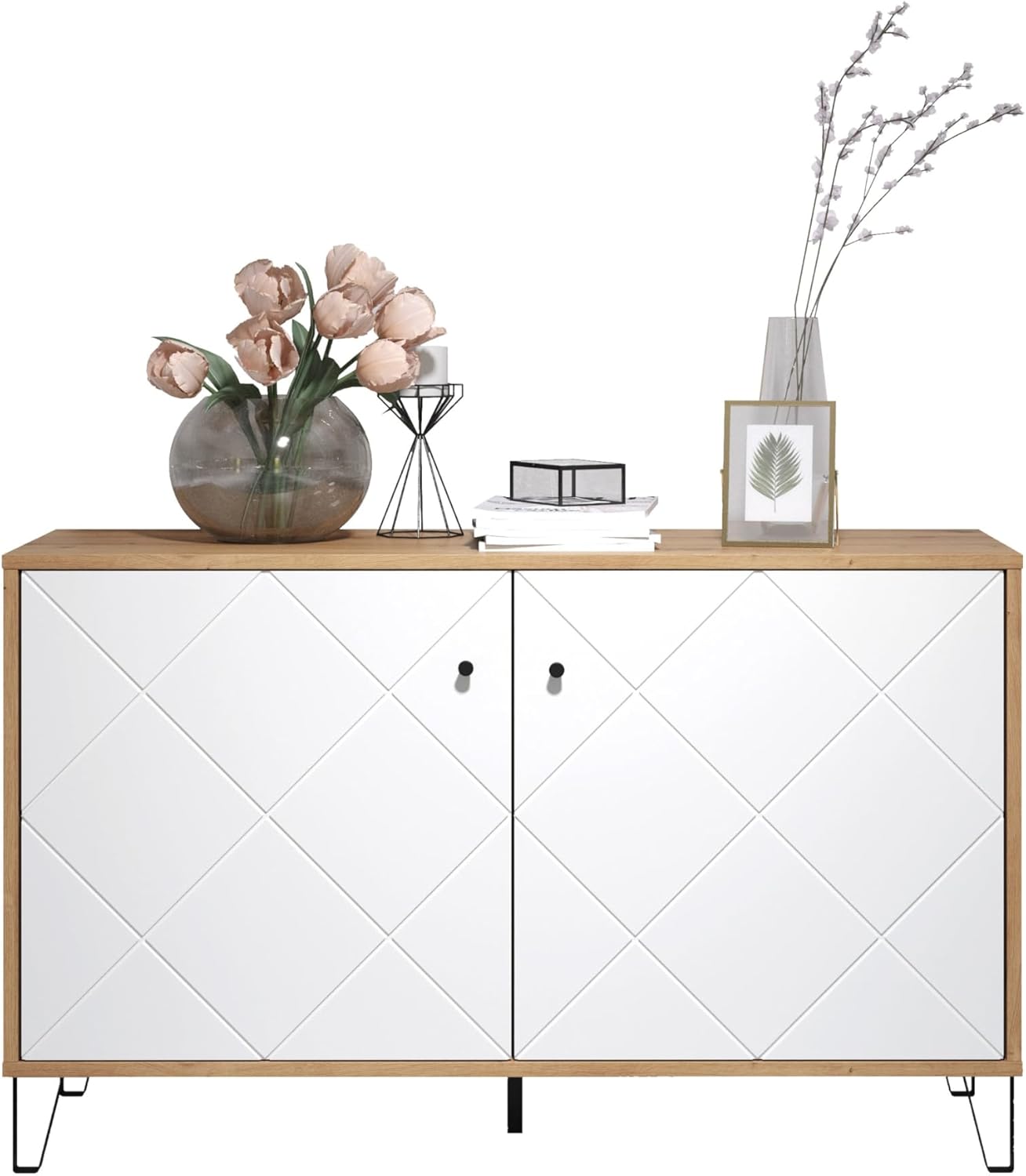 trendteam smart living - Touch - Sideboard - Artisan Eiche/Weiß - Kommode mit 2 Türen und 4 Fächern - (BxHxT) 123 x 76 x 40 cm - Wohnzimmerschrank mit modernen Metallfüßen - kratzfest