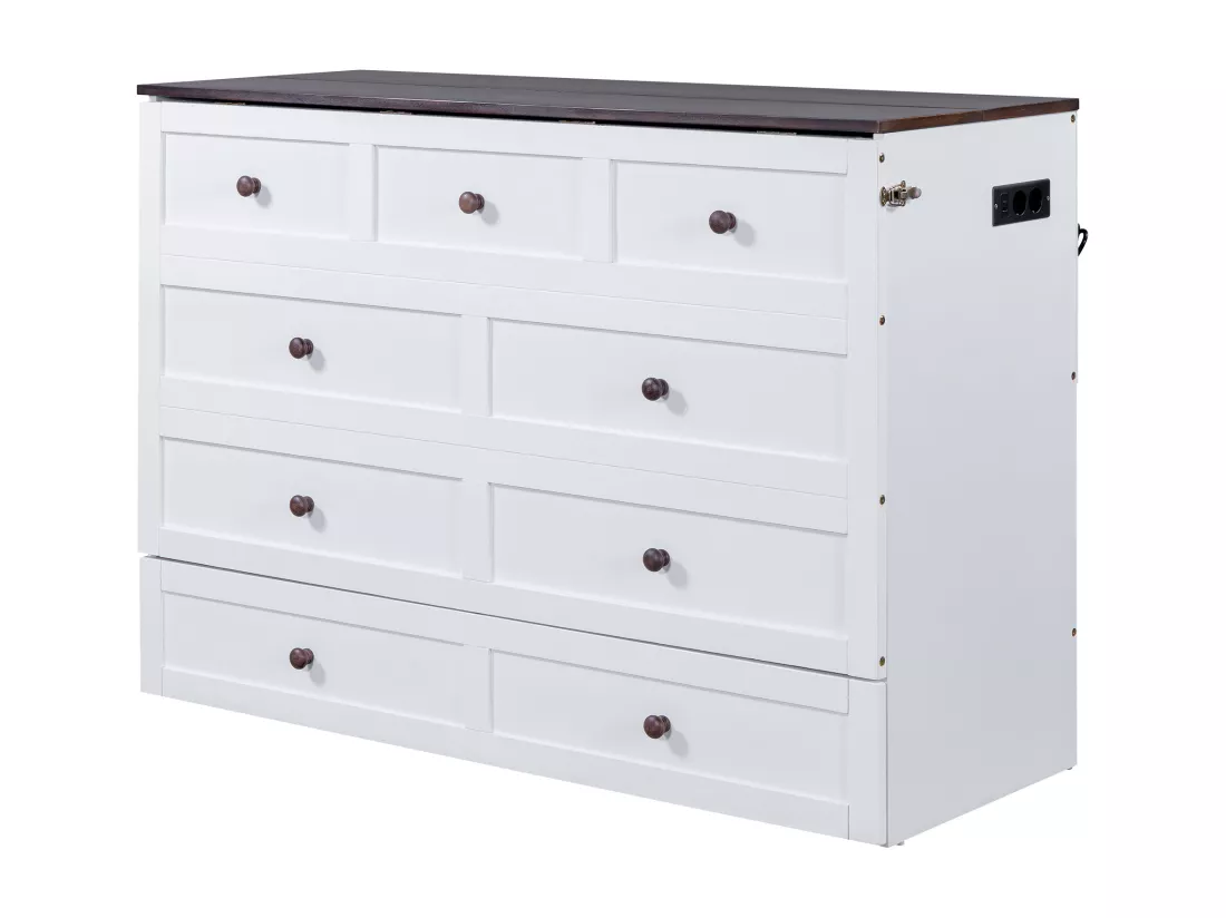 Lit escamotable 140 x 200 cm avec 2 tiroirs et étagère en tête de lit - Bois de pin et MDF - Prise USB - Blanc