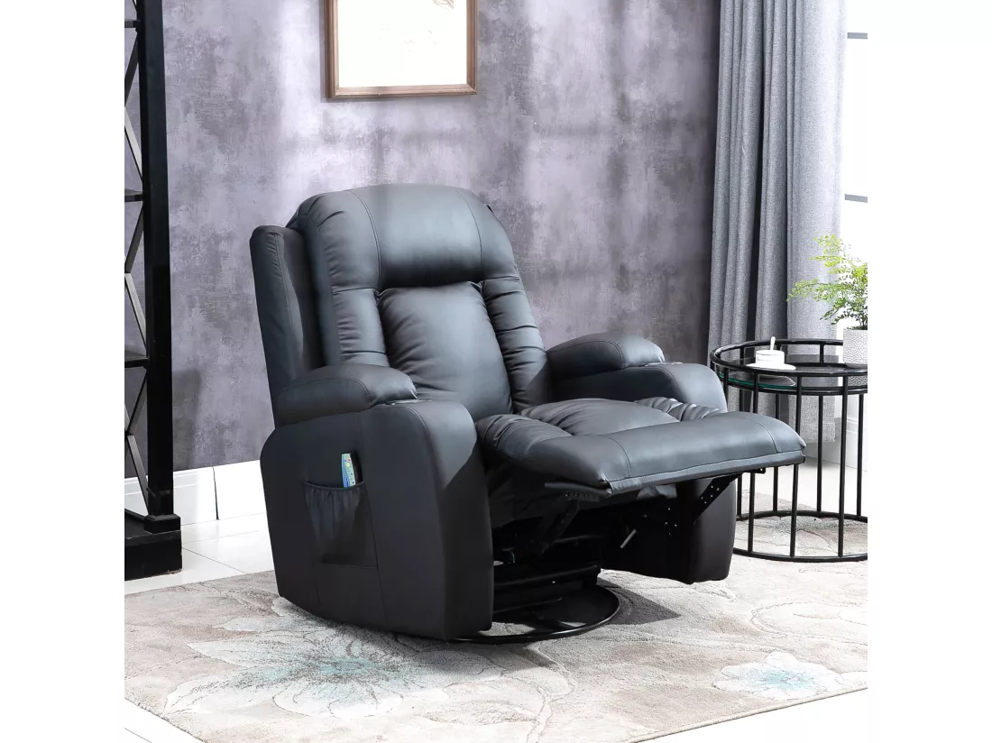 Fauteuil de massage et relaxation électrique chauffant inclinable manuellement repose-pied télécommande noir