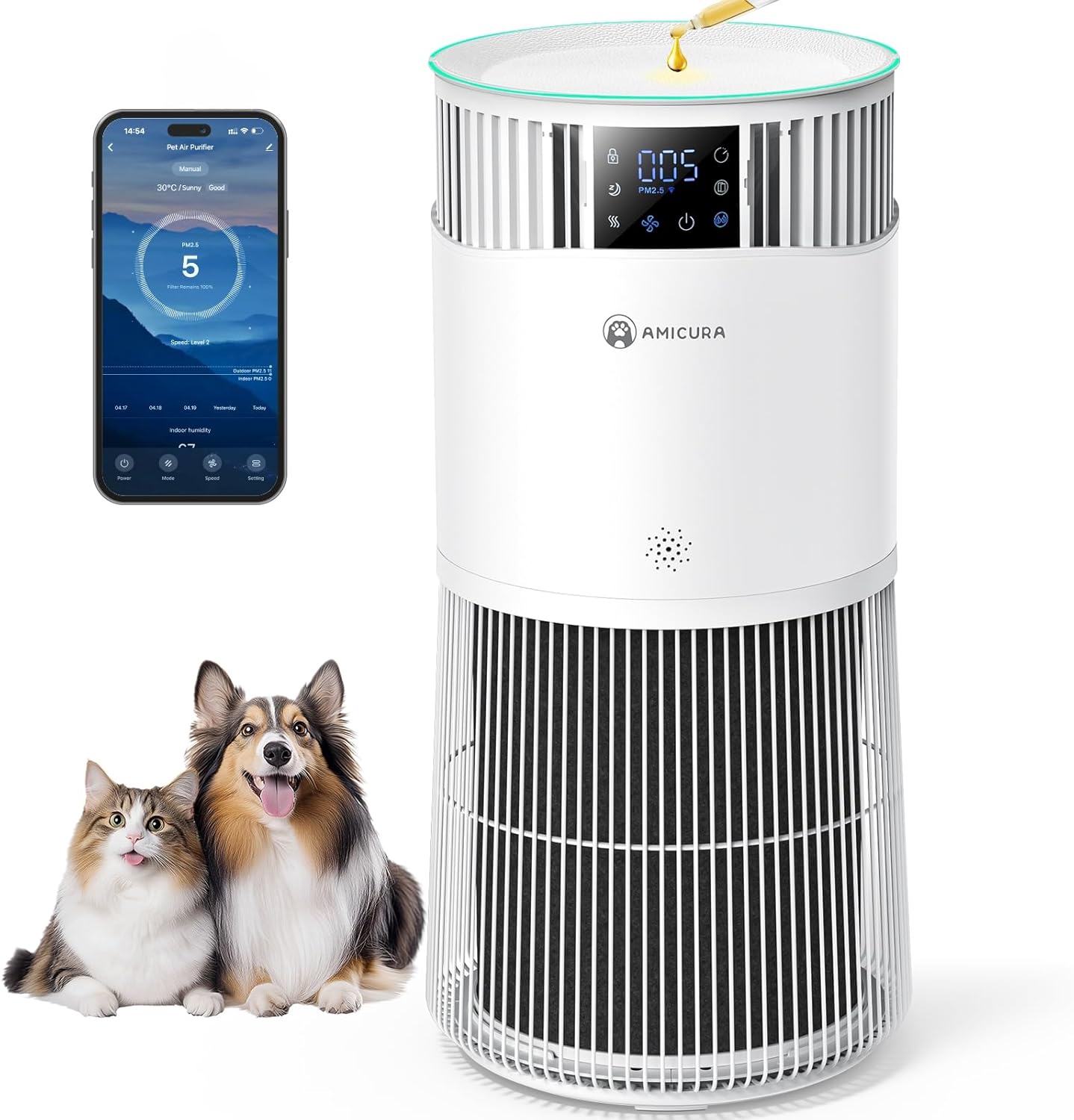 P2 Luftreiniger mit H13 HEPA Filter, 92% Tierhaare Entfernung, 99% Geruchsentfernung für Allergiker & Haustiere, Intelligent, App Steuerung,