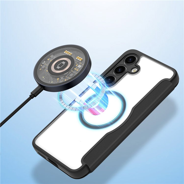 Samsung Galaxy S24 Hybrid Leder Tasche   Kunststoff Rückseite MagSafe-Modul - Schwarz / Transparent