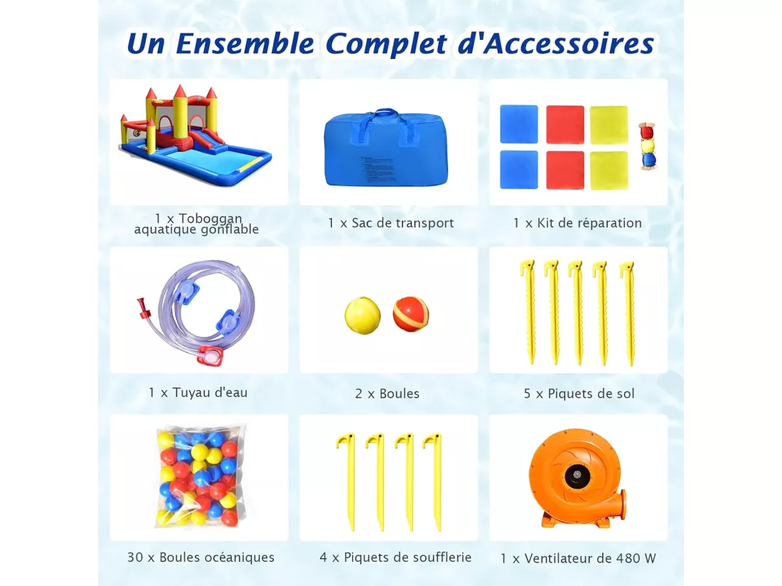 Toboggan Aquatique Gonflable Gonfleur 480W Zone de Saut,Pataugeoire,Piscine à Balles,Panier de Basket-ball,Jeu de Lancer