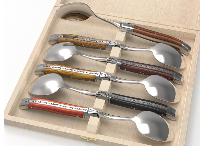 Service de 6 petites cuillères Laguiole avec un manche en 6 bois différents et mitres inox