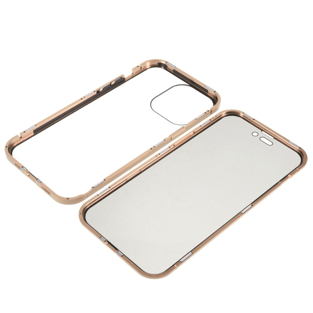 iPhone 14 Pro Magnetische Alu Schutzhülle mit Panzer Glas Backcover   Privacy Glas Displayschutz (Magnet-Technologie) - Gold