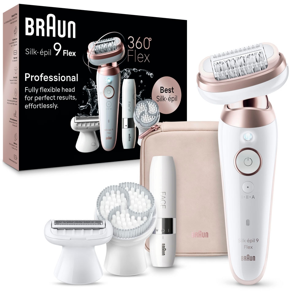 Braun Epilierer »Silk-épil Flex 9 9-360« mit Rasier-, Trimmer- & Peelingaufsatz, Mini-Rasierer für das Gesicht
