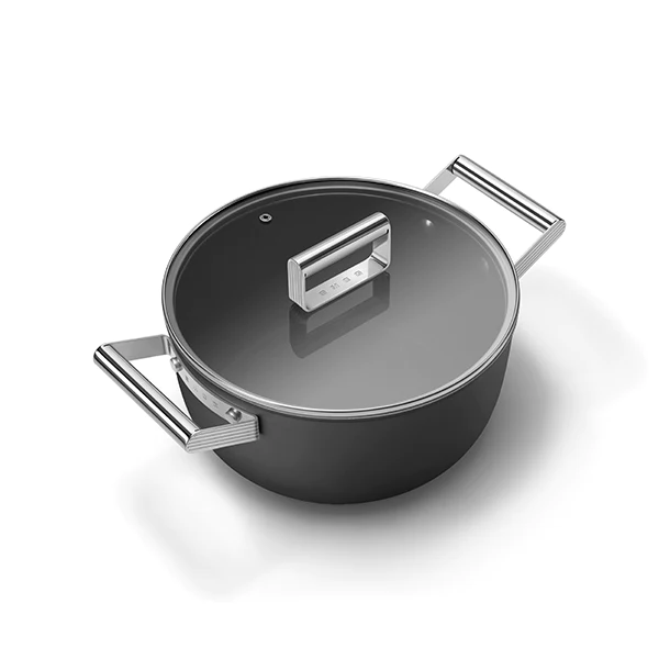 Faitout bas aluminium antiadhésif 24 cm noir mat avec couvercle en ver