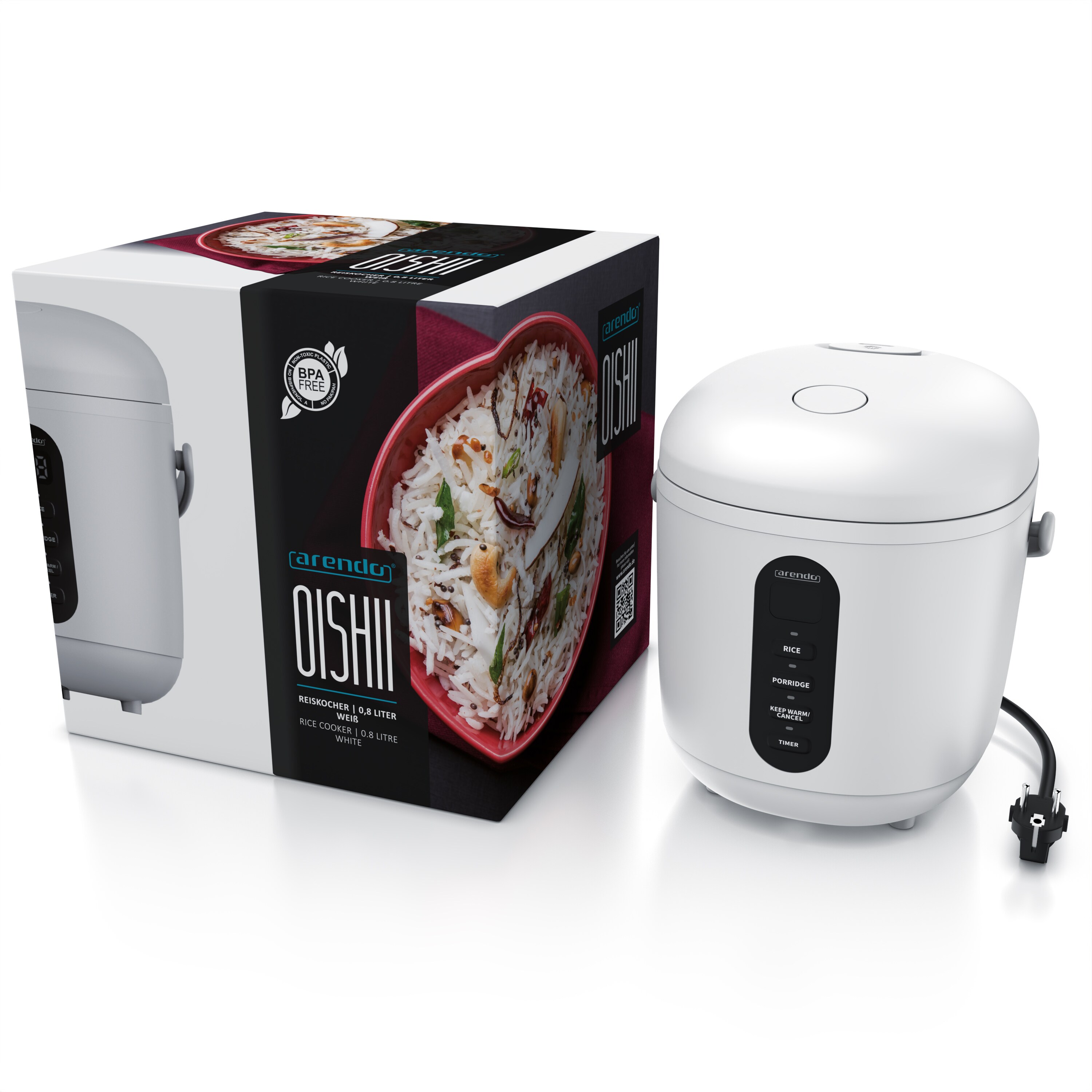 Arendo Reiskocher digital 0,8L mit Messbecher & Reislöffel, 2 Kochprogramme, Warmhaltefunktion, Timer, 300W, Weiß