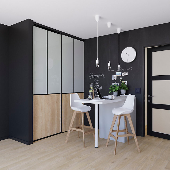 Porte de placard coulissante atelier effet chêne brut profil noir GoodHome Arius H. 248,5 x L. 91.2 cm + amortisseurs