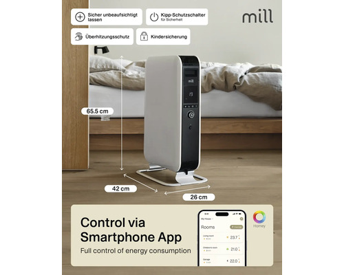 Olieradiator Mill Gentle Air WIFI 42 x 65,6 cm 2000 W wit