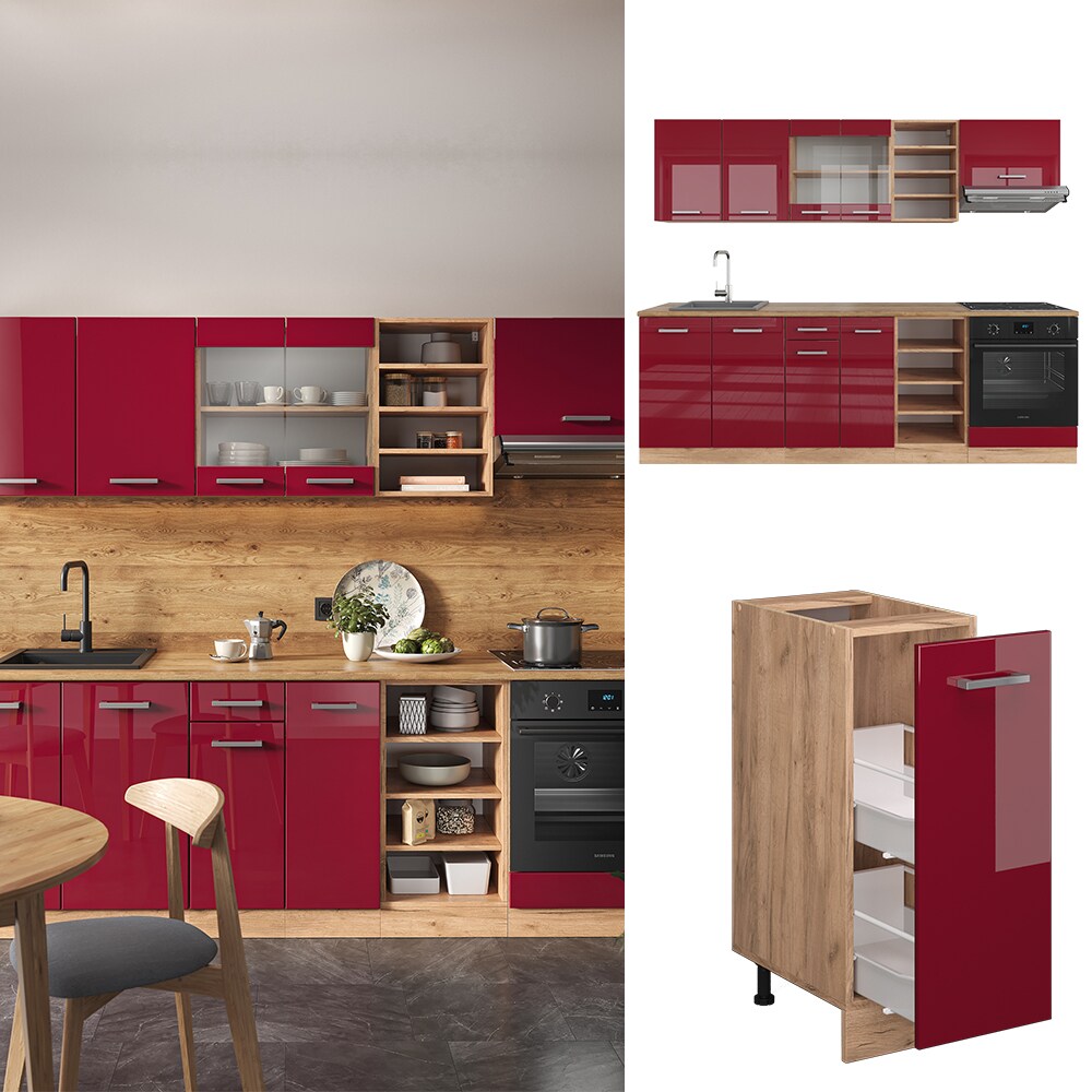 Vicco Küchenzeile Küchenblock Einbauküche R-Line 240 cm Eiche Bordeaux Hochglanz
