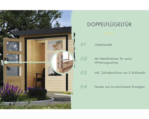Karibu Metalwood tuinhuis, plaatstaal, stofgrijs, 228,4 x 236,5 cm, naturel