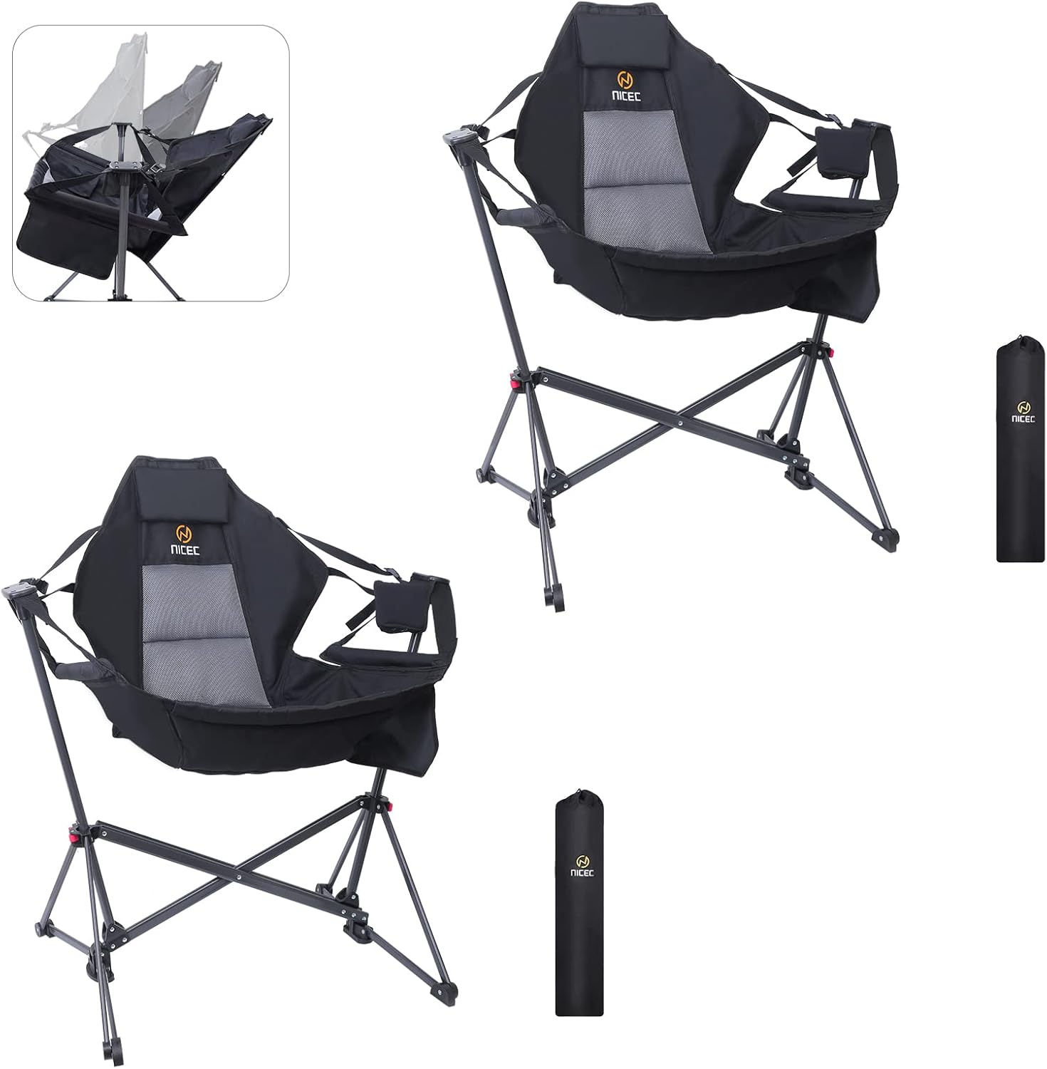 Nice C Campingstuhl, Hängematte Campingstuhl, Schaukelstuhl Klappschaukelstuhl mit Hohe Rückenlehne, Ständer Getränkehalter Seitentasche Schwerlast (2er Set)