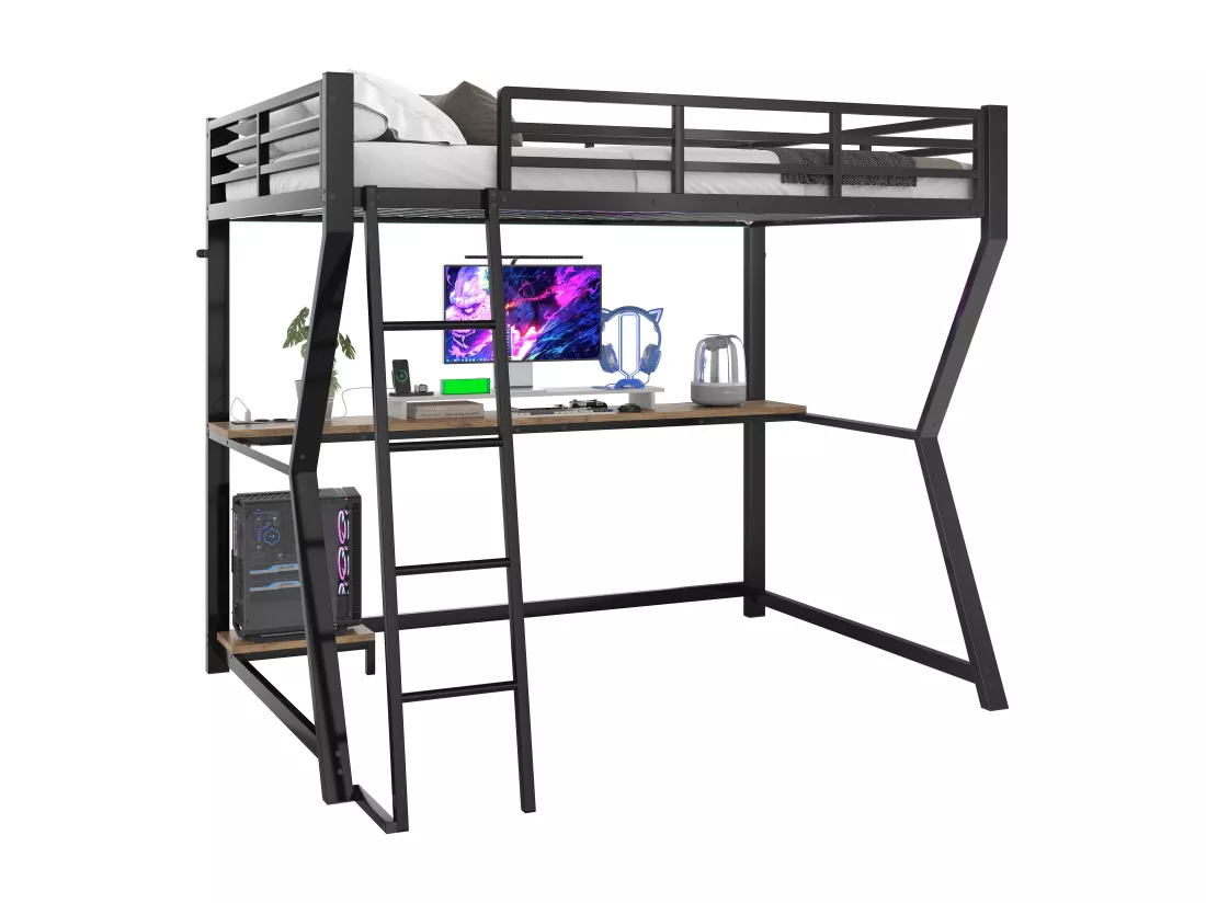 Lit mezzanine 90 x 200 cm avec bureau, prise+USB et étagères - Lumière d'ambiance - Métal - Noir (sans matelas)