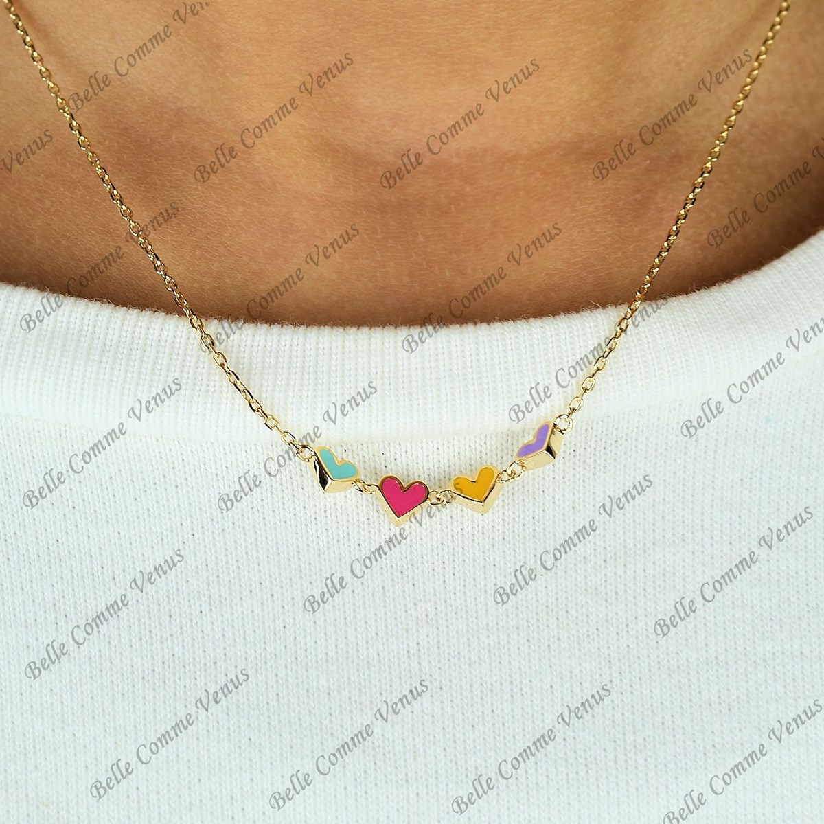 Collier suite de 4 coeurs émail coloré Plaqué OR 750 3 microns