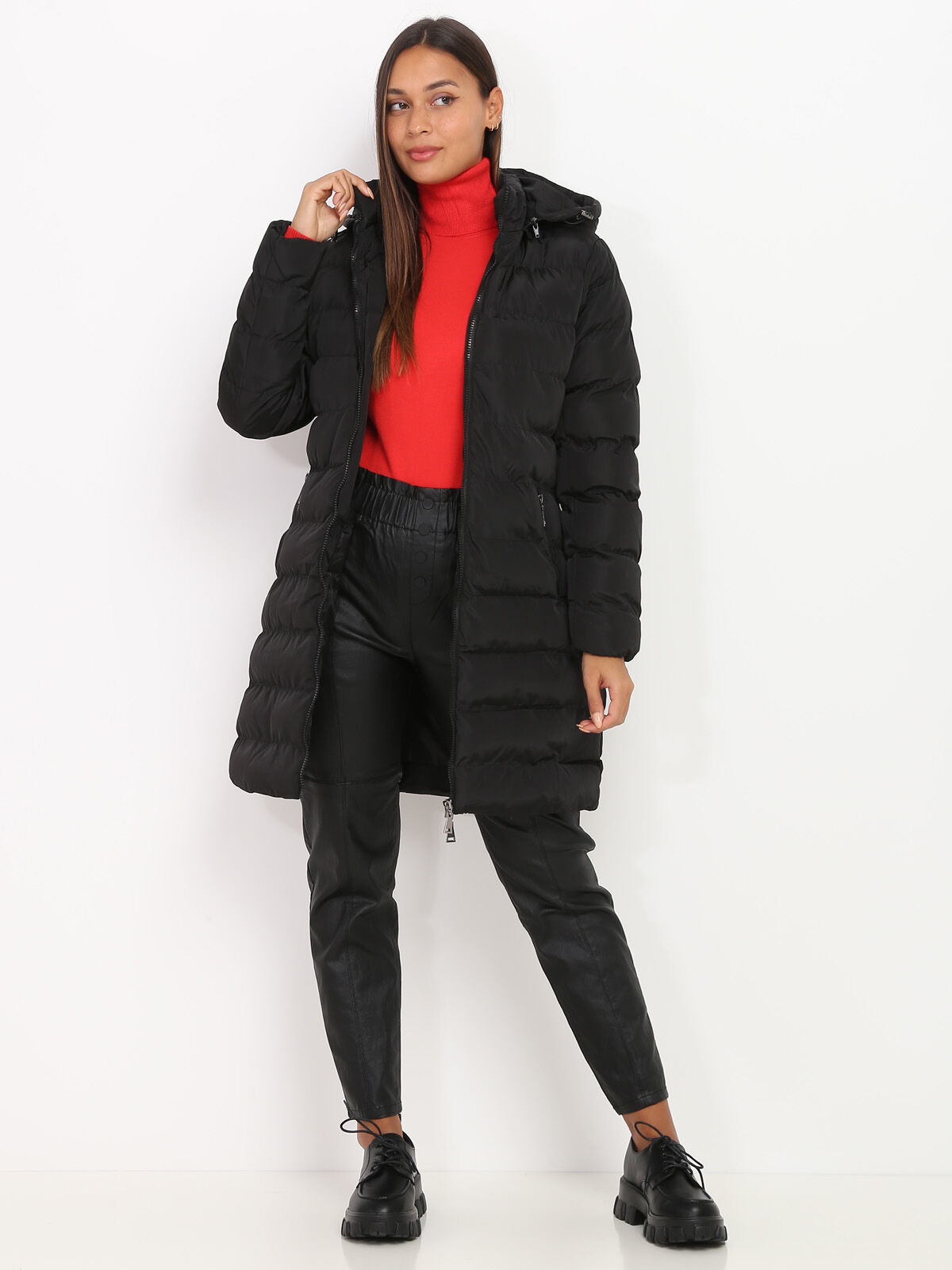 Manteau mi-long matelassé à capuche- Noir