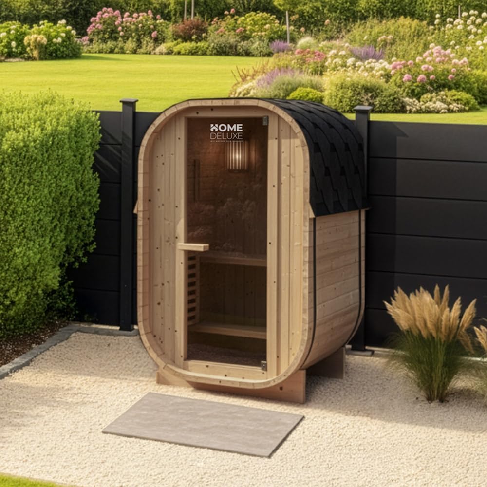 Home Deluxe Outdoor Sauna Cube S - Maße: ca. 194 cm x 120 cm, Holz: Fichtenholz - inkl. Saunaofen und Saunazubehör I Gartensauna, Außensauna, Sauna Fass für 2 Personen